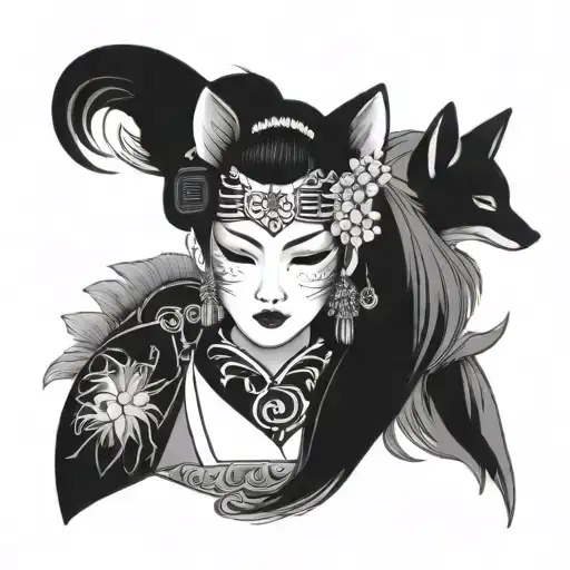 Geisha Looking With A Fox Mask On