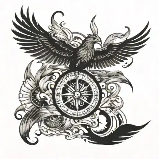 Phoenix And Adventure Themed Tattoo With Compass