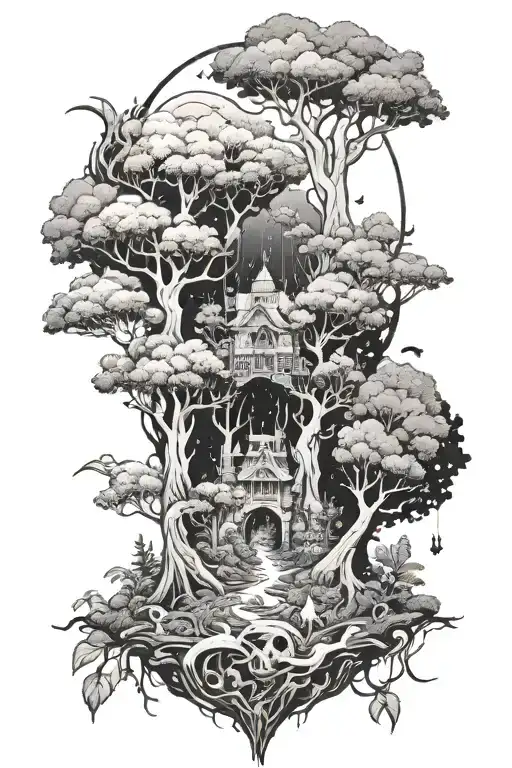 A Mystical Forest Scene With Anime Characters Hidden Within The Trees