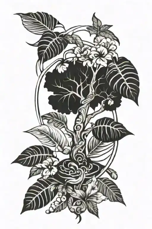 Tree Of Life And Tropical Leaves Thin Lines No Fill