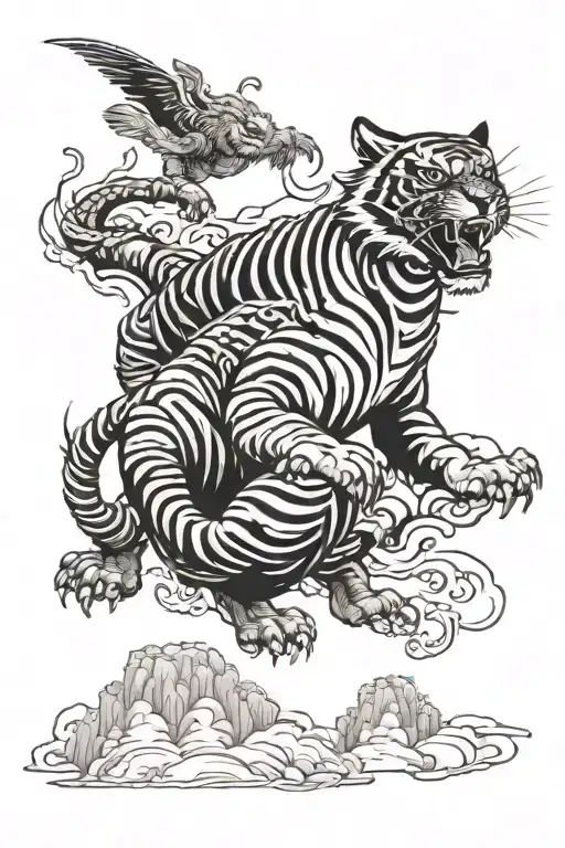 Tiger On The Ground While A Chinese Dragon Is Flying In The Sky