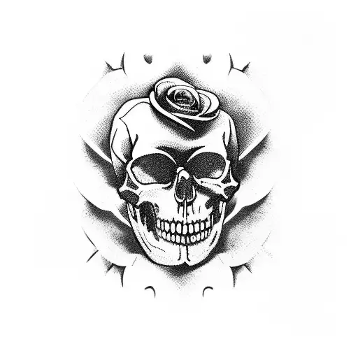 A Knife Or Dagger Thru Skull With Barbed Wire Around And A Rose