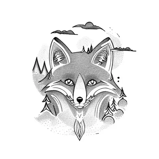 The Word Fox With A Mountain And Clouds Behind It Tattoo