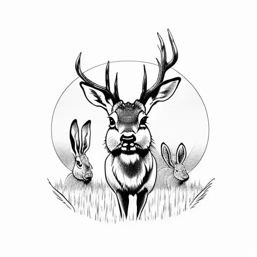 Deer Standing In A Field With Rabbits By A Lake Image Bordered By Fishhook