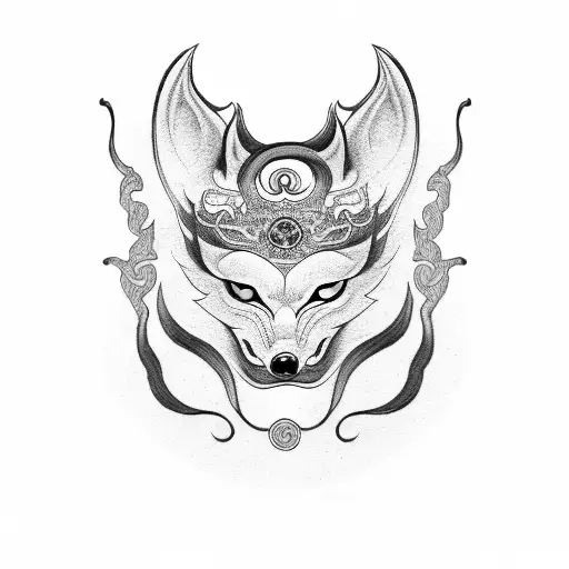 A Circular Chinese Design With A Central Kitsune Mask Japones And Nordic Runes Intertwined