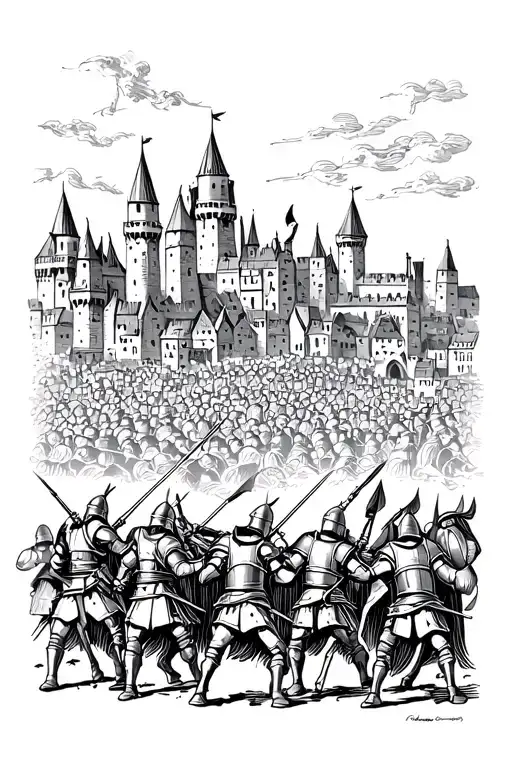 Woodcut Style Medieval City In The Background With A Foreground Consisting Of Knights Fighting