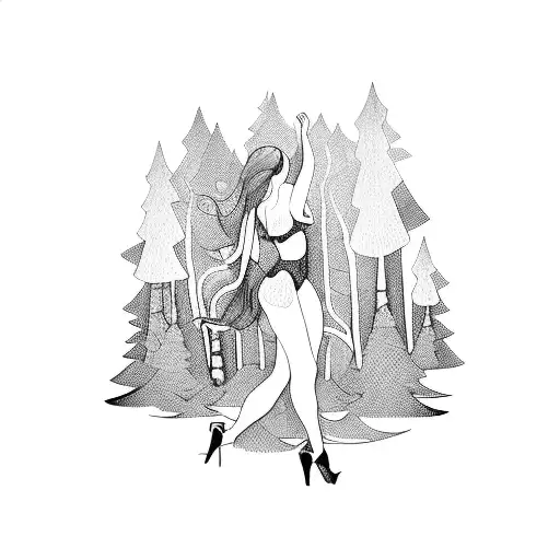 A Dotwork Tattoo Of A Sexy Girl Dancing In A Dark Forest