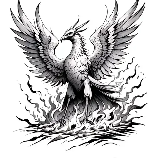 A Blackwork Tattoo Of A Phoenix Rising From The Ashes With Wings Spread Wide
