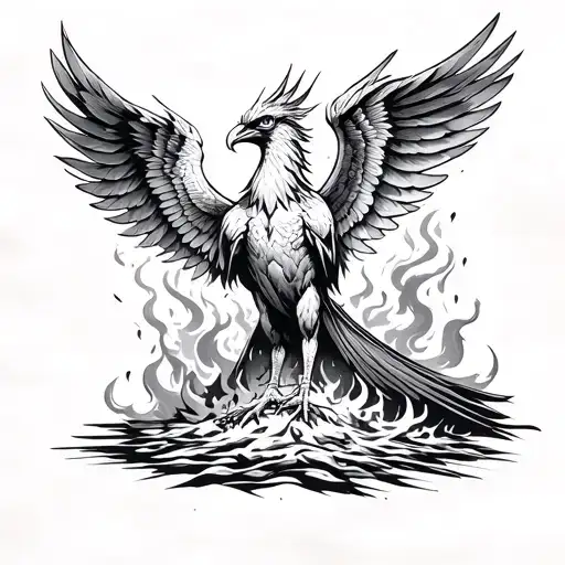 A Blackwork Tattoo Of A Phoenix Rising From The Ashes With Wings Spread Wide