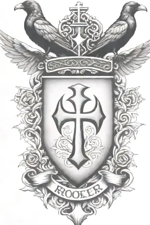Rooker Family Crest With Home In Shield With 6 Crows On A Celtic Cross