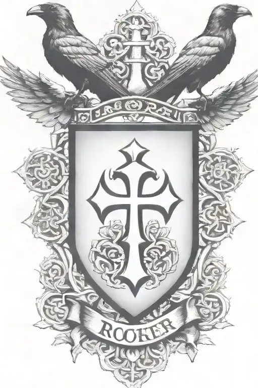 Rooker Family Crest With Home In Shield With 6 Crows On A Celtic Cross