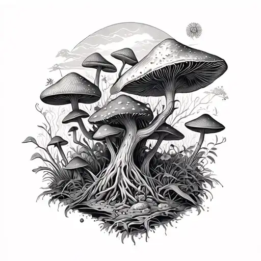 A Surreal Landscape Of A Mystical Forest With Exotic Plants And Trippy Mushrooms
