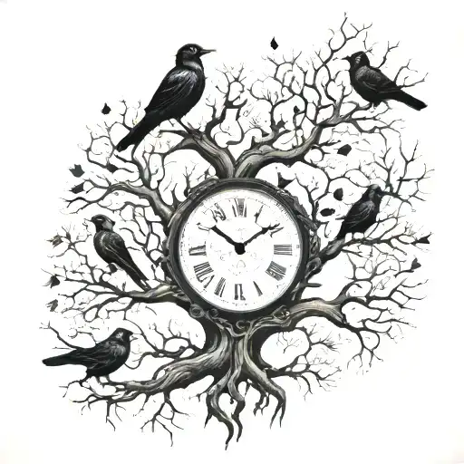 Family Tree With Roots Spreading Over A Clock Face With Crows Perched On The Branches