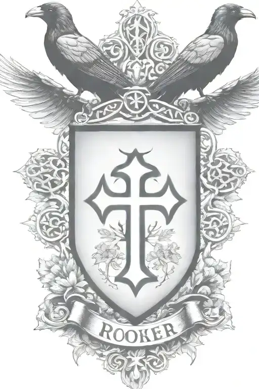 Rooker Family Crest With Home In Shield With 6 Crows On A Celtic Cross With Cedar Trees