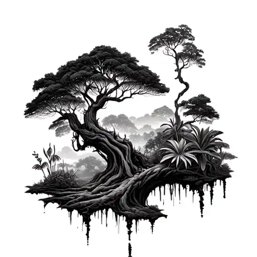 A Surreal Landscape Of A Mystical Forest With Exotic Plants And Magic Trees