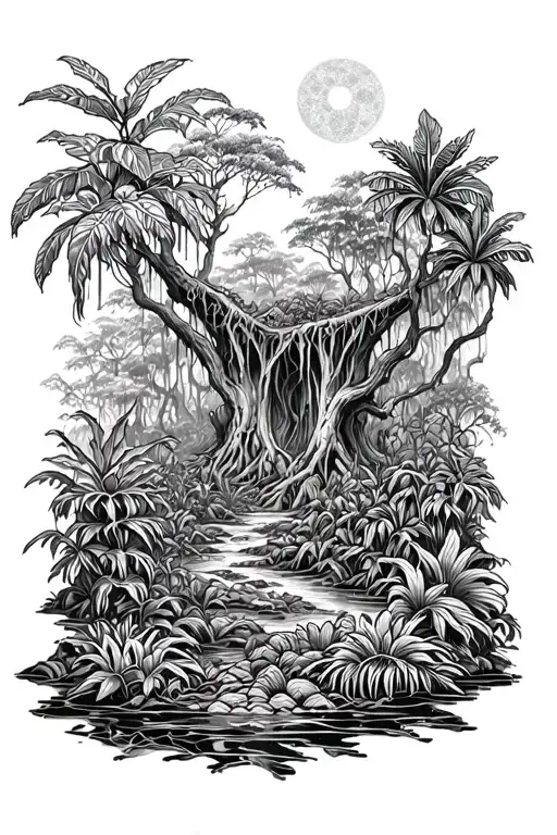 A Surreal Landscape Of A Mystical Forest With Exotic Plants