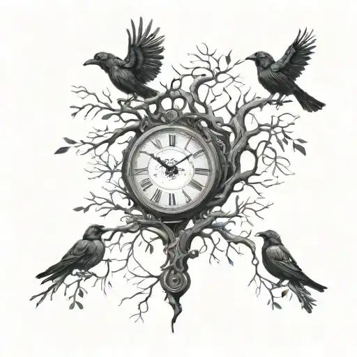 Family Tree Intertwined With A Clock Inside And 6 Crows Perched On The Branches