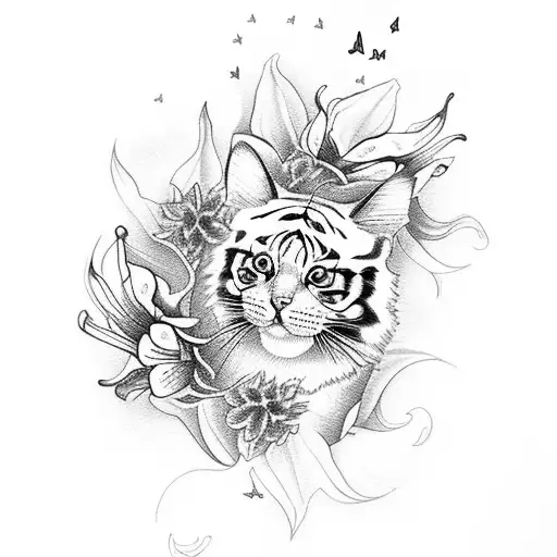 Cat Reaching For Butterfly Surrounded By Tiger Lilies