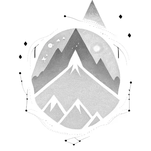 A Blackwork Tattoo Of A Cosmic Mountain Range With A Silhouette Of A Person Playing A Guitar On Top