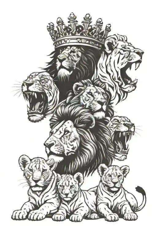 Male Lion Wearing Crown Mouth Open And 4 Lion Cubs On The Bottom