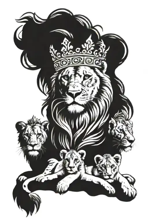 Lion Wearing A Crown With Four Lion Cubs