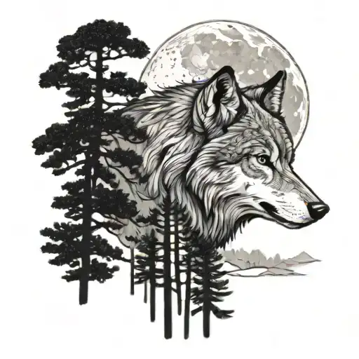 Wolf In Forest Trees Background Looking At The Moon