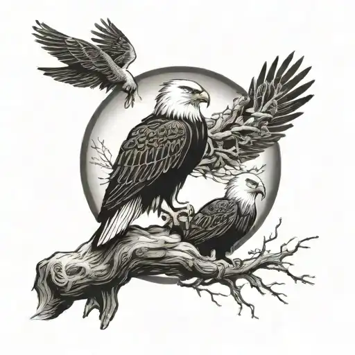Eagle And Hawk Perched On Tree