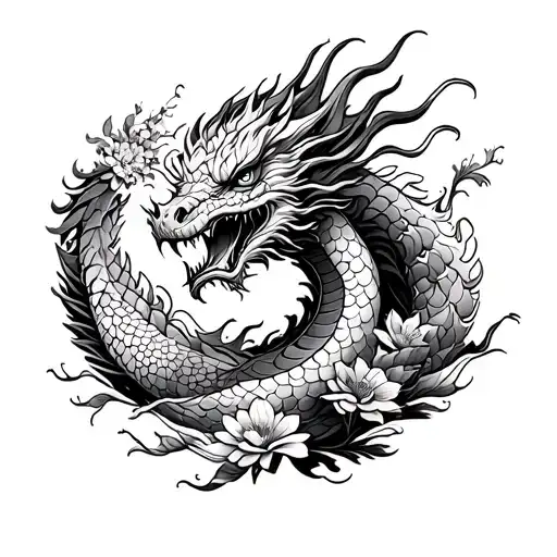 Waves And Dragon With Flowers