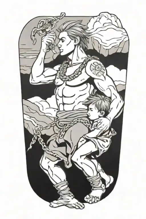 Front View Of Warrior Holding A Chain Pulling A Child Up From A Cliff