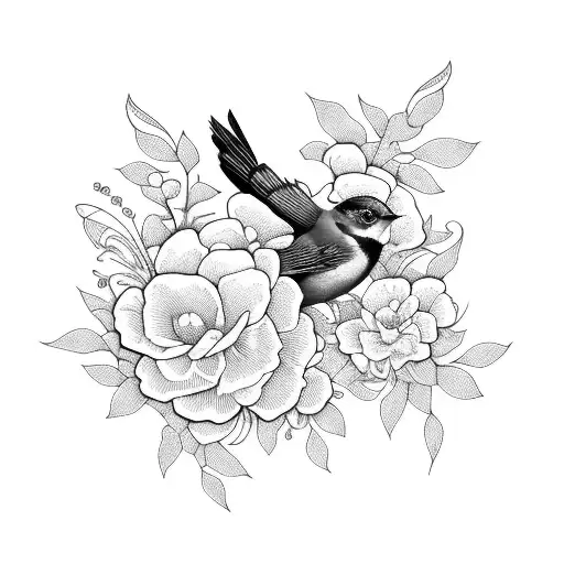 Blue Bird And Flowers