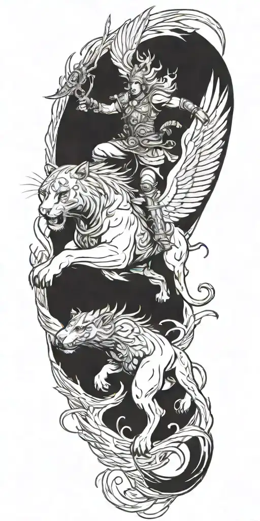 A Warrior Riding A Panther Into Battle With A Phoenix Flying In The Sky Behind Them