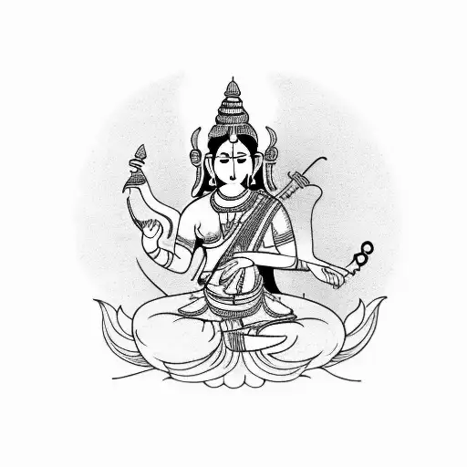 Saraswati Goddess Playing Sitar In Forest