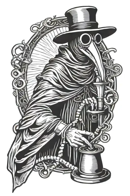 Plague Doctor Holding Stethoscope With A Caduceus In The Background