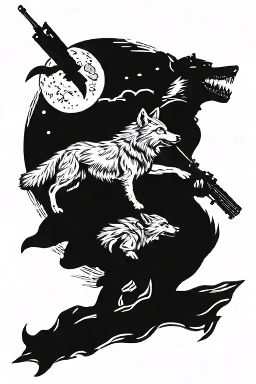 Soldier Patrolling With Wolf Howling At The Moon