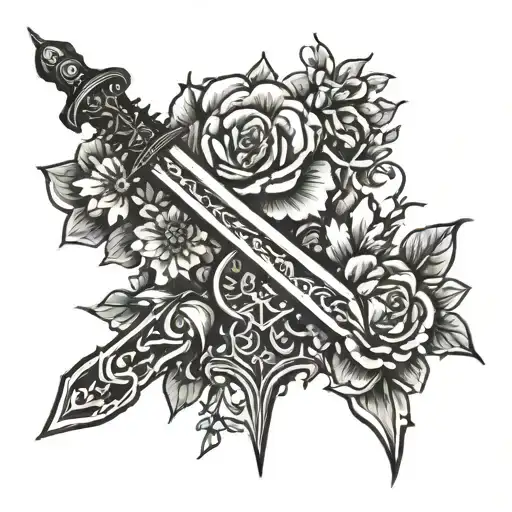 A Skinny Long Spine Tattoo With Flowers And A Sword Intertwined