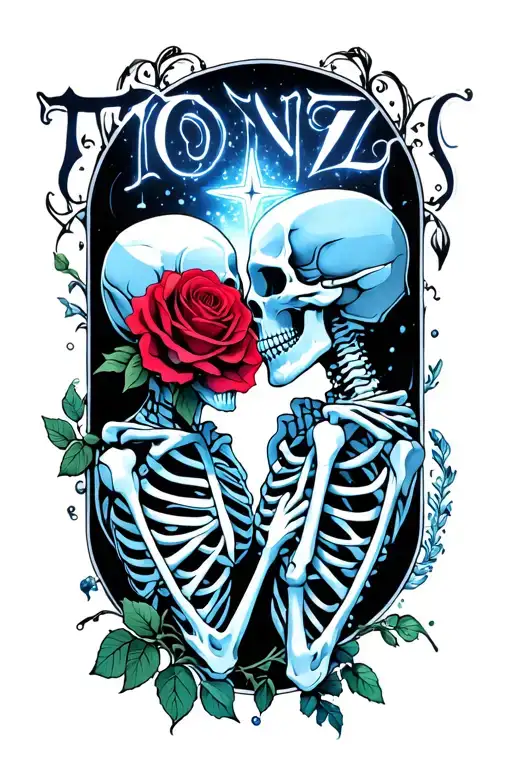 The Word 'Tonz' 2 Skeletons Kissing And Star Transforming Into A Rose
