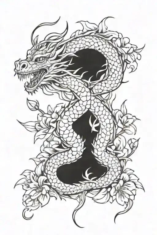 Dragon Flowers Line Drawing