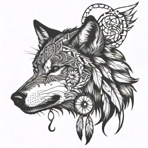Wolf With Dream Catcher Entangled