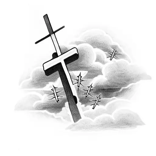 Three Crosses With Lighting Bolts Going Through The Clouds In The Background