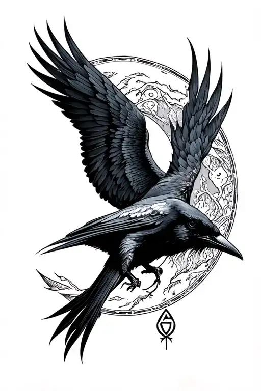 Raven Around The Moon And Rune Fehu