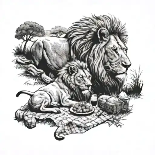 A Lion Family Having A Picnic In A Meadow