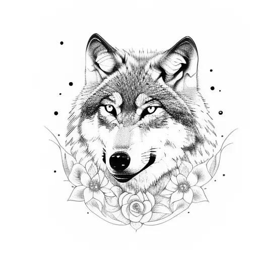 Wolf And Flowers And Mountain