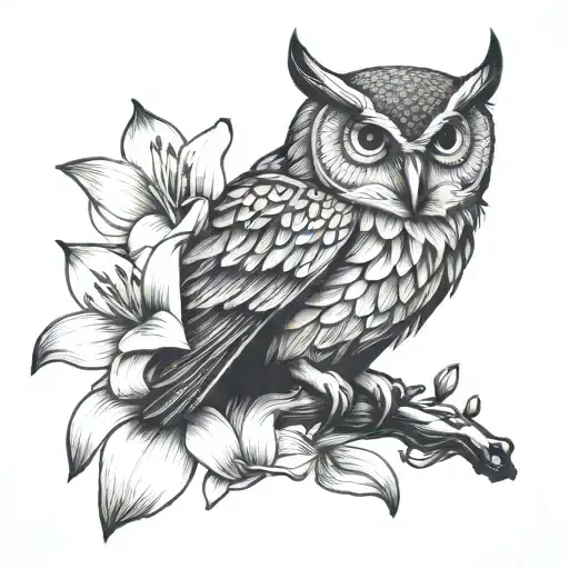 Owl Perched On Top Of Lily Flower