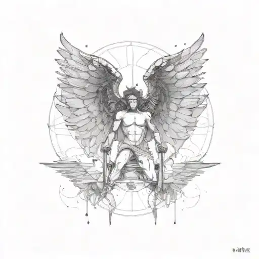 Angel With Mechanical Wings Made Of Blades Falling From The Sky