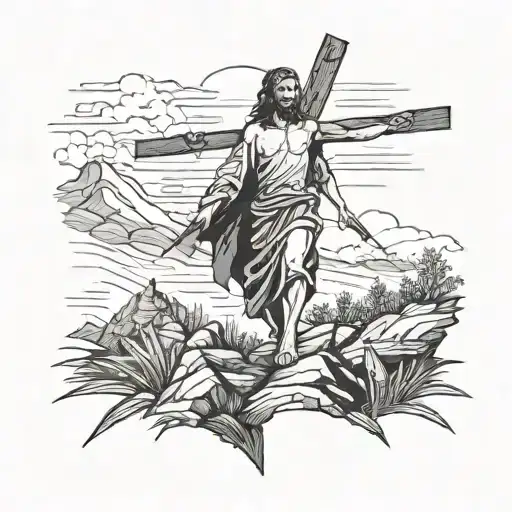 Jesus Walking The Cross Up The Hill With The Cross On His Shoulder