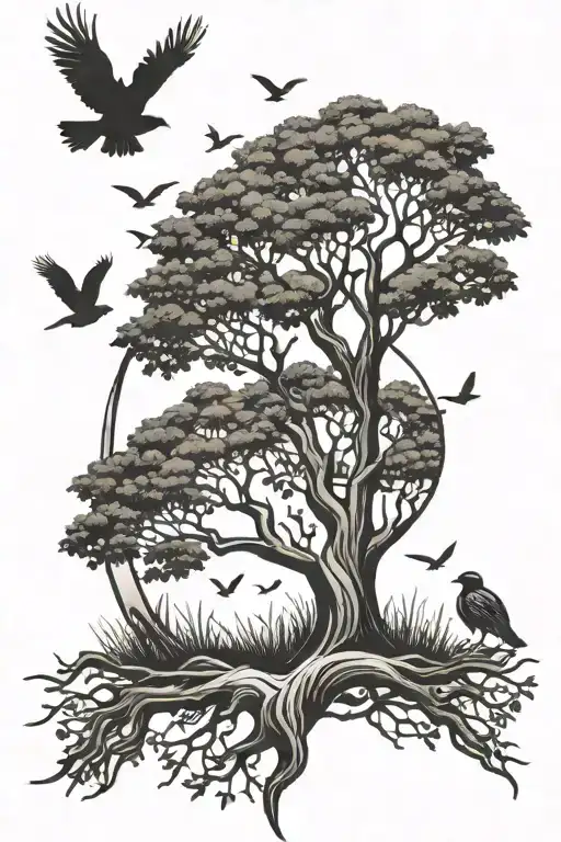 Tree And Flying Birds Sitting Cross Legged
