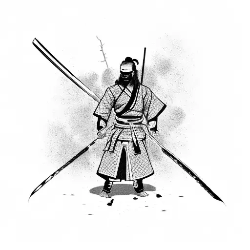 Blind Samurai Standing In Burning Meadow