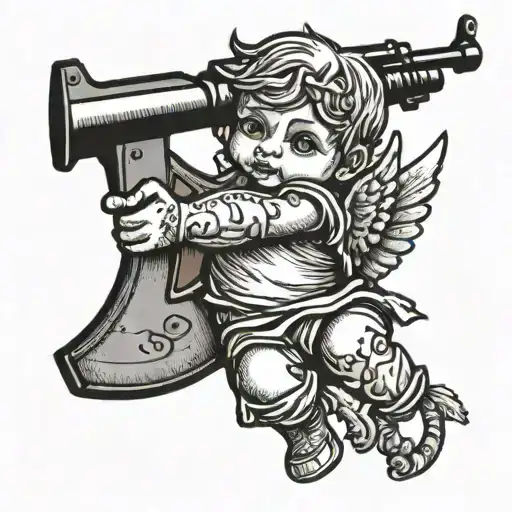 Baby Cupid Holding Ak 47 With 1999 Written On Cupid Shoulder