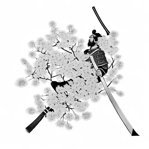 A Samurai Sword Cutting Through A Field Of Blooming Japanese Cherry Blossoms