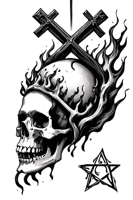 Inverted Cross Going Through A Skull Over An Inverted Pentagram In Flames
